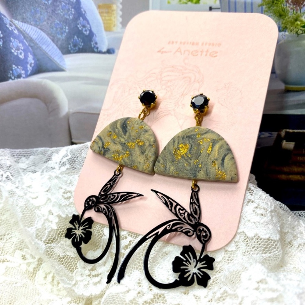 “Black Midnight” Gold Dangle Earrings